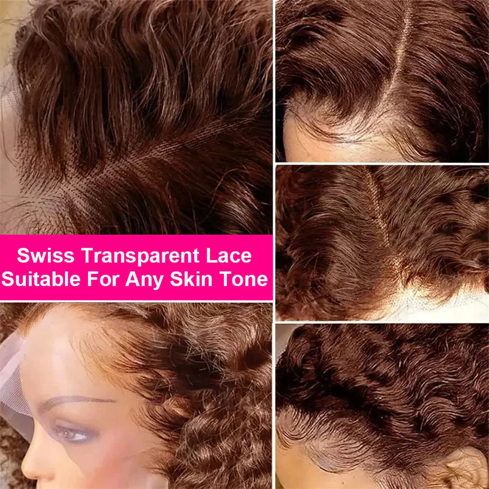 Brown kinky Curly Short Bob Wig 13x4 Bob Wigs Brazilian Water Deep Wave Human Hair Wig Preplucked For Woman Short Pixie #4 Color