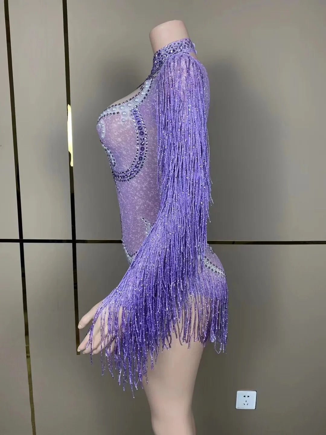 Stage Latin dance cha-cha dance practice suit stretch slim skirt fringe flash small diamond pearl design suit