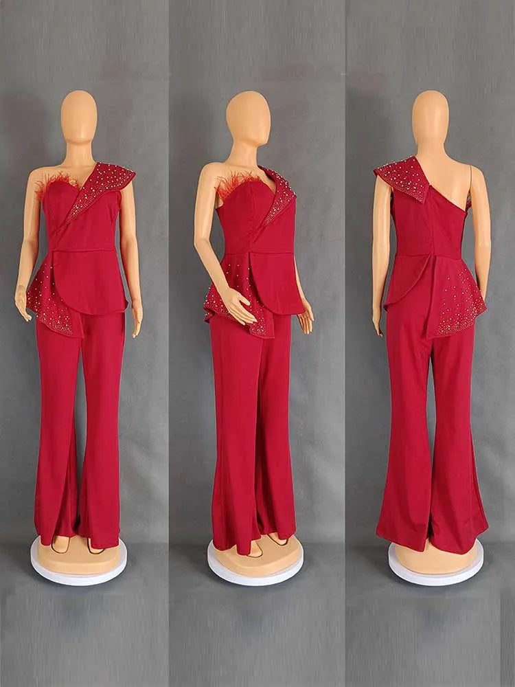 High Waist Strapless Jumpsuit Rivet Collar Lady Evening and Party Tube Top Jumpsuit for Women Elegant Sexy Birthday Jumpsuit