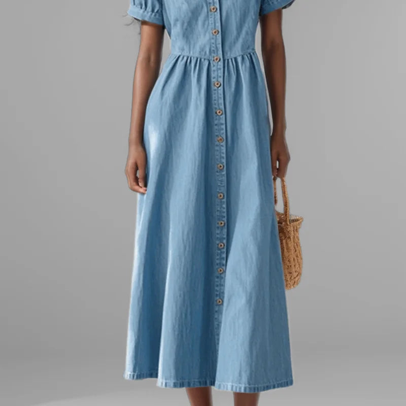 2024 autumn fashion women's blue denim short sleeves dress trendy v-neck single breasted dresses female