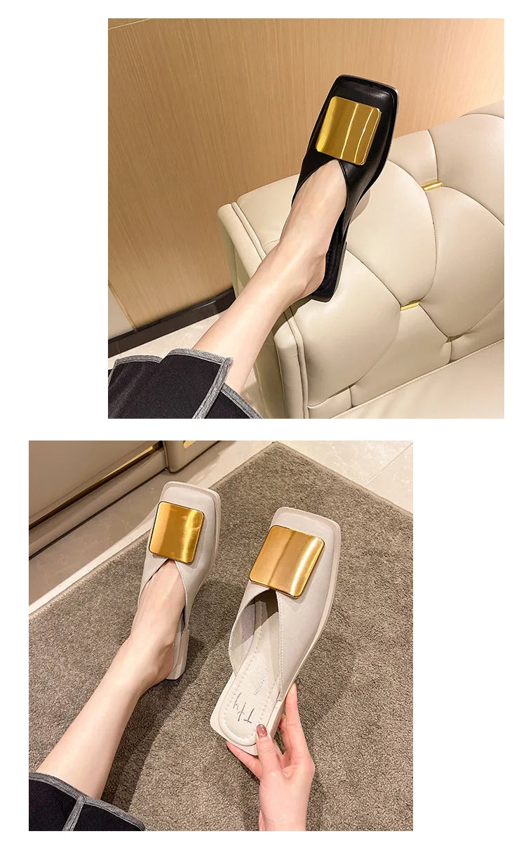 Baotou Slippers Women Wear 2024 New Korean Version of Lazy Metal Buckle Sandals Slip-on Sandals