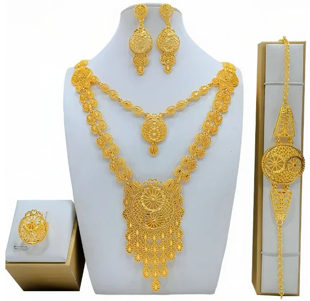 Fashion Dubai Flower Design Luxury 24k Gold Color Women's Jewelry Set African Fashion Bracelet Earrings Necklace Ring Four Piece