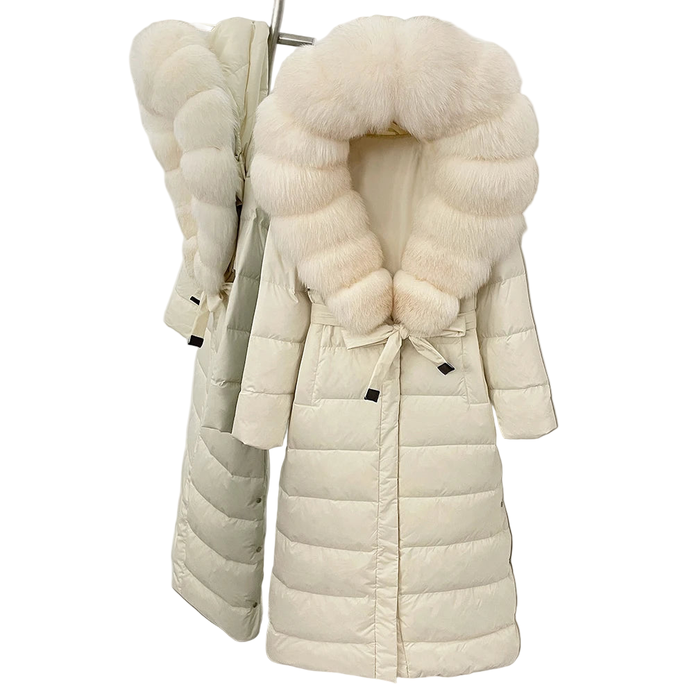 Real Faux Fur Collar Puffer Jacket Duck Down Thick Coat For Women