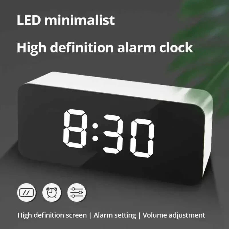 White LED Mirror Table Clock Snooze Display