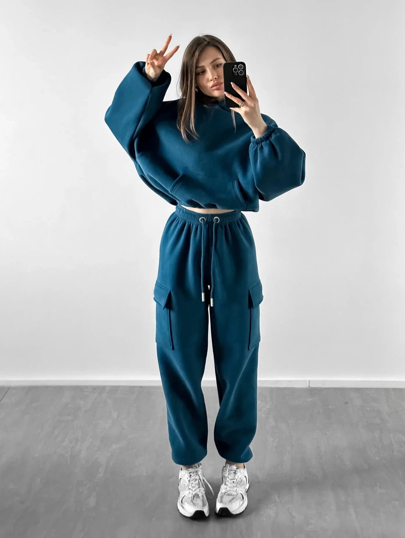 Hoodies Suit Winter Autumn Solid Casual Tracksuit Women Fleece 2 Pieces Set Sports Sweatshirts Pullover Jogger Sweatpants Outfit