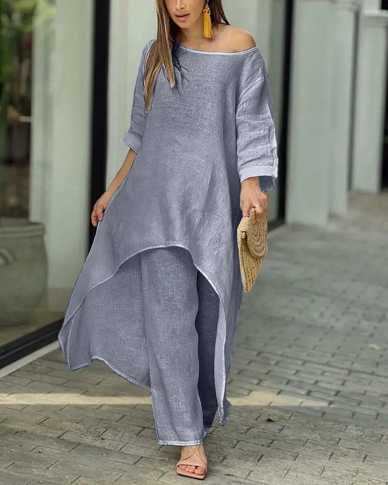 Women's Cotton Linen Long Pants Sets Fashion Solid Casual Irregular Tops Wide Leg Pant Suits Office Lady Two Piece Sets Clothes