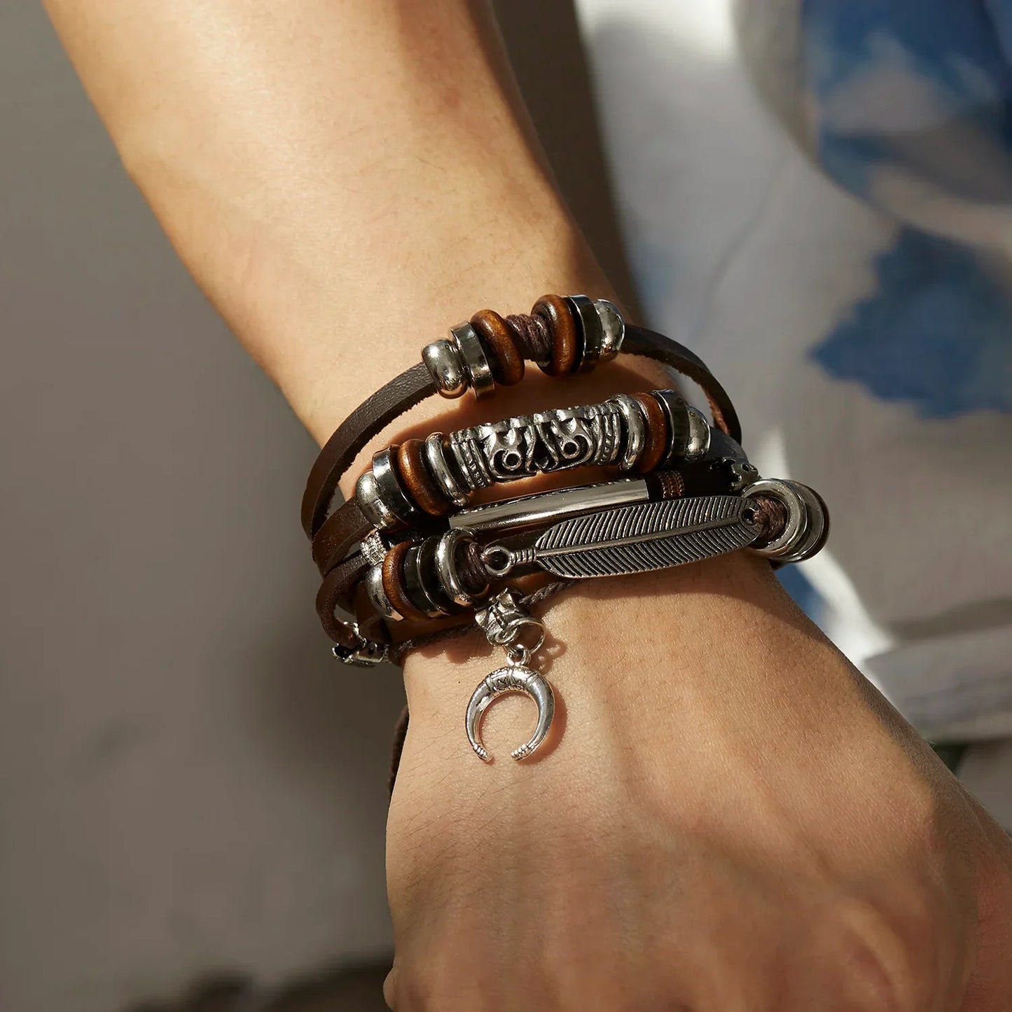 Vintage Brown Multilayer Braided Rope Bracelets Charm Wrap Wristbands
