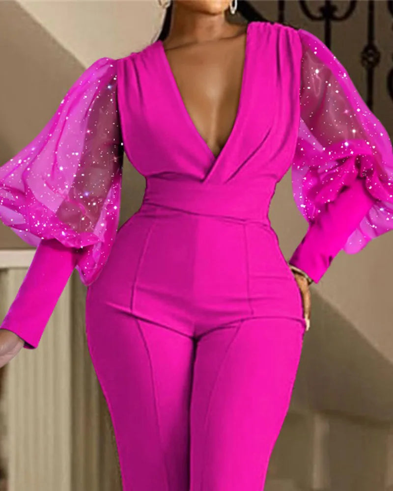 Ladies Elegant Office Jumpsuit Romper For Women 2023 High Waist Wedding Overalls Sequins Bodycon Long Sleeve Party Jumpsuit Club