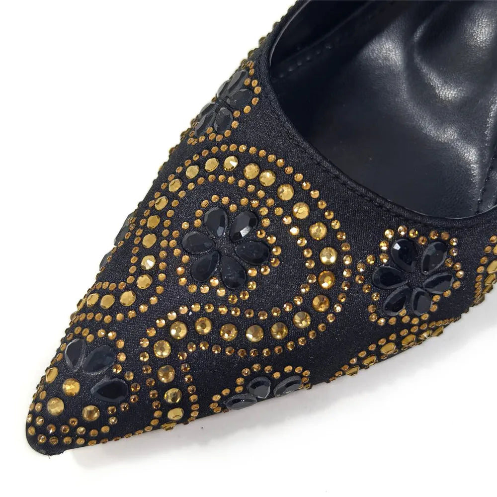 Elegant And Sexy Fuchsia Color High Heels Shoes And Bag With Rhinestone Embellished Toe Is Comfortable Women's Shoes For Party