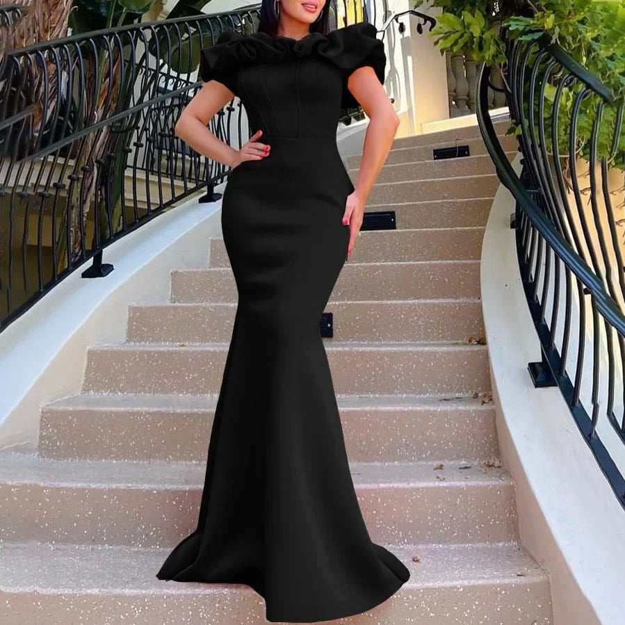 Elegant Long Dresses for Women Off Shoulder Short Sleeve Mermaid Floor Length