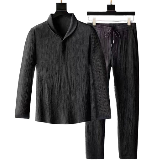 2Pcs/Set Summer Men's Suit Elastic Waistband Pleated Casual Outfit Men Business Short Sleeve Shirts Long Pants Set Male Clothing
