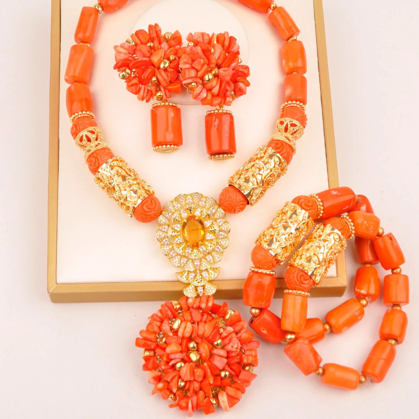 Natural coral beads orange necklace set for stylish Nigerian wedding couple African jewelry