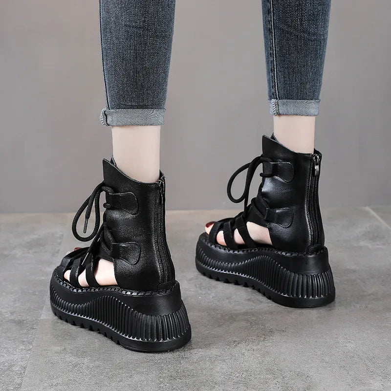 Koznoy 8cm Ethnic Cow Genuine Leather Ankle Booties Women Hollow Peep Toe Platform Wedge Breathable Zip Summer Fashion Shoes