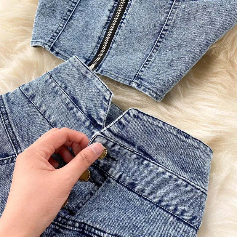 CM.YAYA Women Denim Sets Sleeveless Strap Crop Top and Long Skirts Suits 2024 Summer Jeans Streetwear Two 2 Piece Sets Outfits