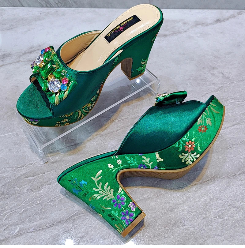 Fashion Women's Shoes High Heels Sexy Ladies Party Wedding Pattern Embroidery Mules High Heel Sandal Casual Beach Shoes For Lady