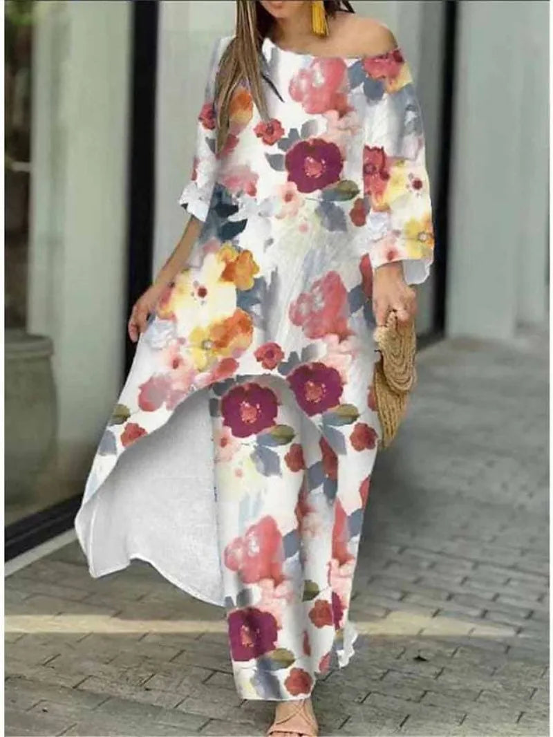 Women's Fashion Spring/Summer Casual Loose Irregular Printed Nine Sleeve Round Neck Shirt High Waist Wide Leg Pants 2-piece Set