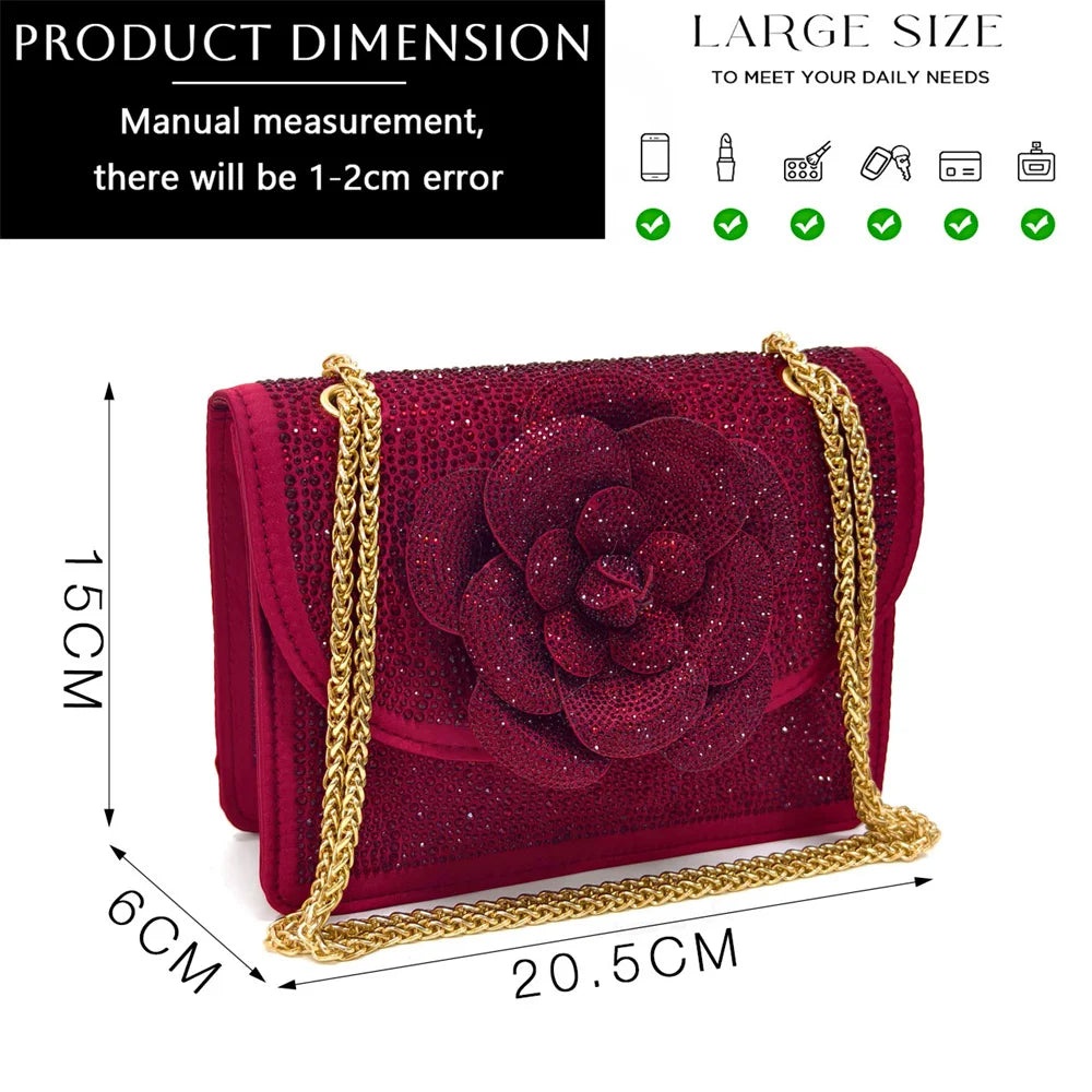 Women's Pointed-Toe Large Flower Decoration Rhinestone Low Heel Italian Shoes and Bags Set