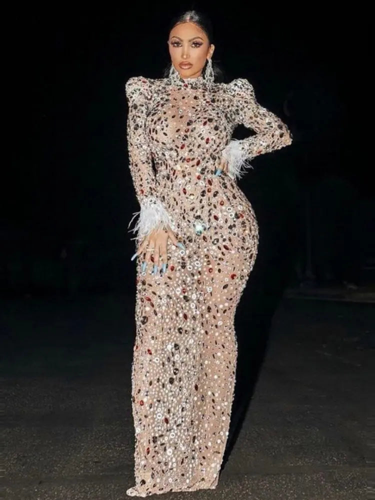CM.YAYA Vintage Women Mesh See Though Crystal Feather Hem Long Sleeve Bodycon Midi Maxi Long Dress Sexy Party Club Dresses
