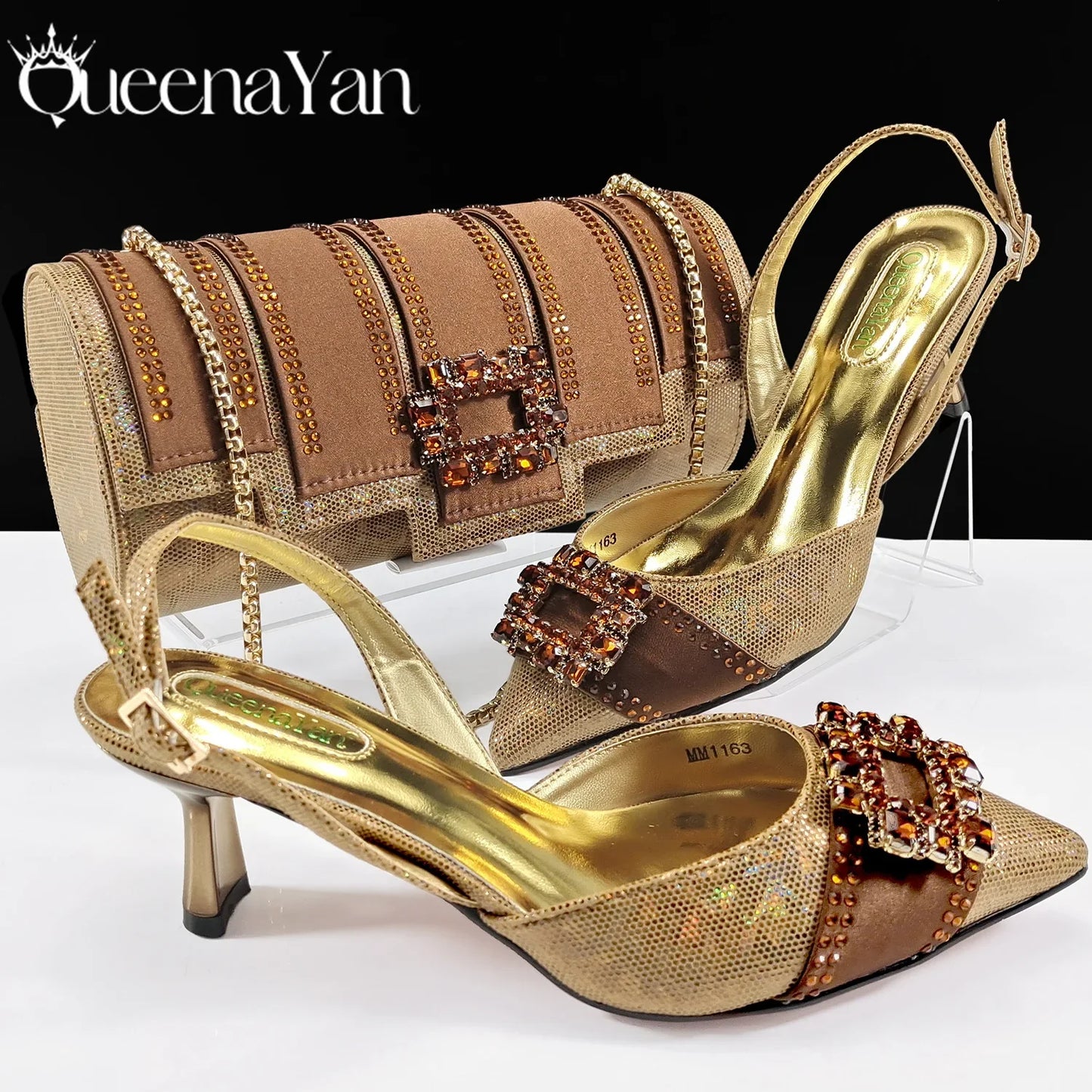 Nigeria Elegant Noble Party Wedding Shoes And Bag Pointed Toe Decorated With Rhinestone Women's Heel Shoes