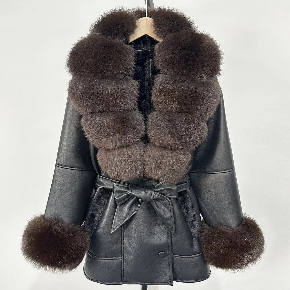 Women's Large Faux Fur Leather Jacket Warm Autumn Winter Outwear High Street Style Thick Warm Fur Turn-Down Collar Single Breasted