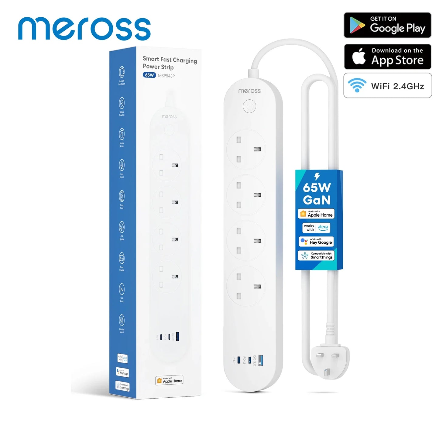 Home Kit Smart Fast Charging Power Strip with 4 Sockets and USB-A/C Port 65W