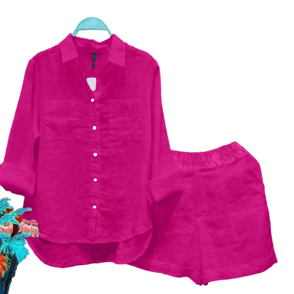 2 Pcs/Set Women Shirt Shorts Set Loose Long Sleeves Solid Color Elastic Waist Irregular Hem Lapel Female Spring Autumn Outfit