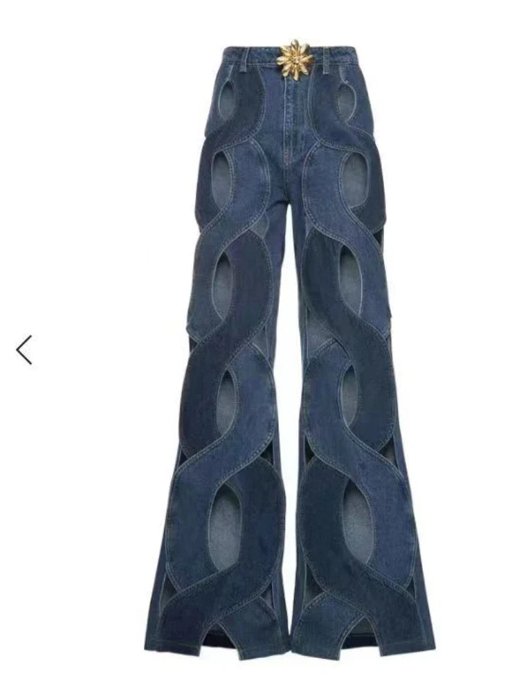 CM.YAYA Women Streetwear Cutout Hollow Out Criss Cross Straight Flare Denim Pants 2023 INS Fashion Wide Leg Jeans Trousers