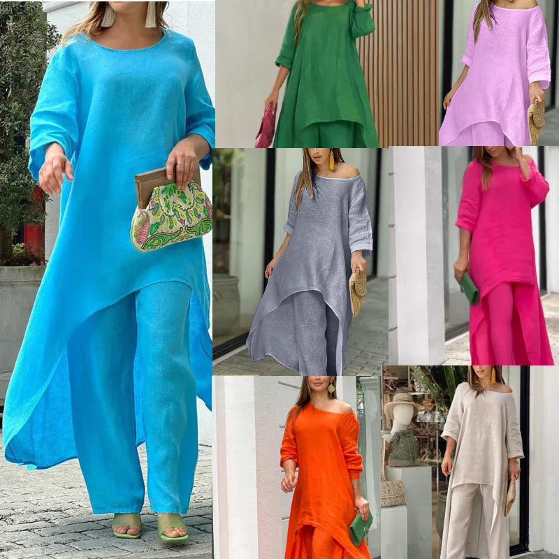 Women's Cotton Linen Long Pants Sets Fashion Solid Casual Irregular Tops Wide Leg Pant Suits Office Lady Two Piece Sets Clothes