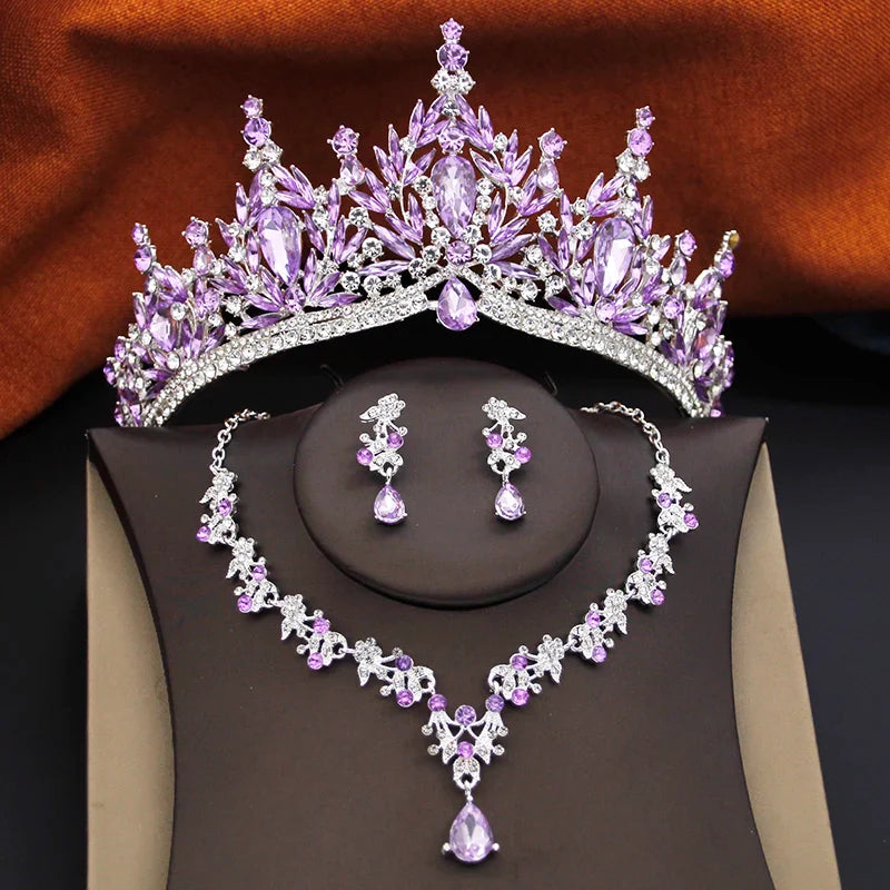 3 Pcs Princess Wedding Crown Jewelry Sets and Tiaras Green Pink Bride Necklace Earrings Set Girls Prom Birthday Accessory