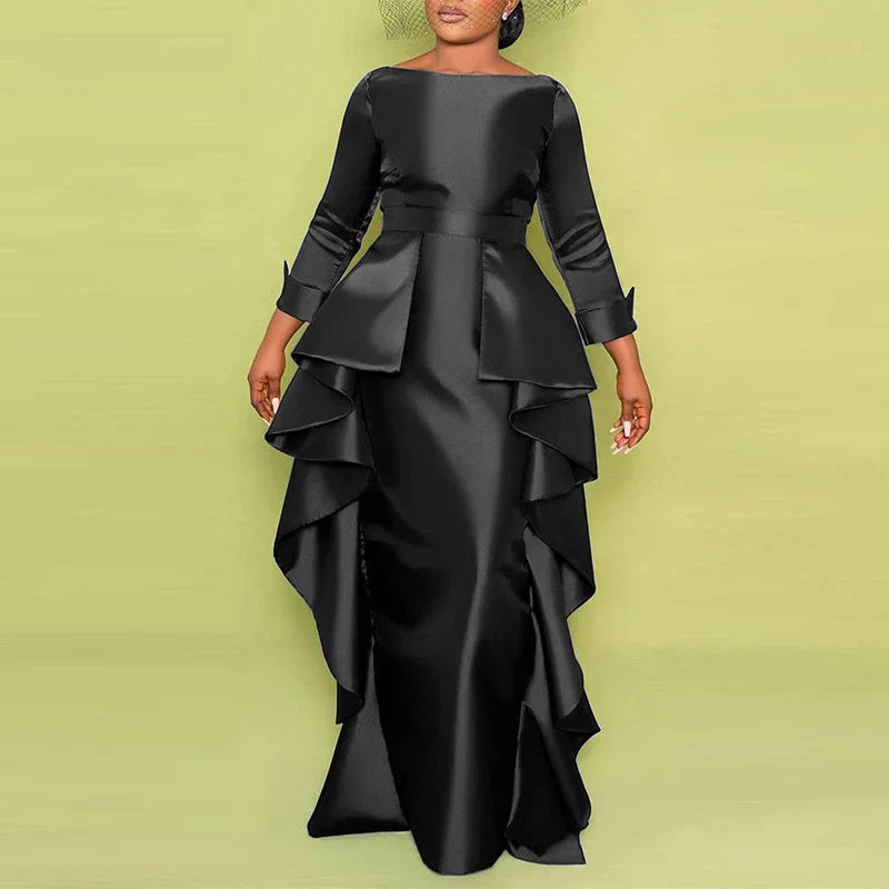 Plus Size 5XL Bohemian Maxi Long Dress 2025 VONDA Women Elegant Satin Dress Ruffle Sundress Casual Vestidos Solid Color Robe