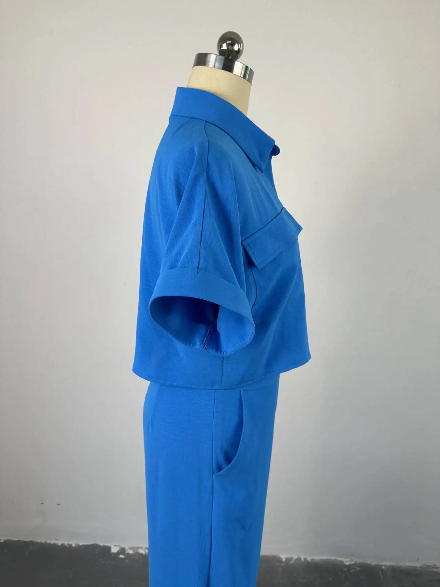 Casual Women's Solid Two Piece Sets Spring Summer Turn-down Neck Short Sleeve Loose Top & Wide Leg Pants Set Streetwear Outfits