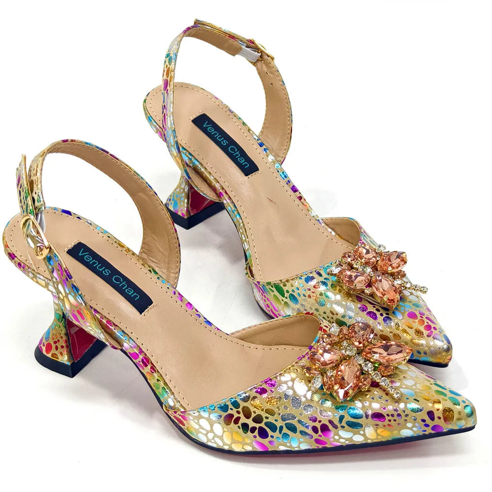 2025 New Yellow Color Thin Heels Pointed Toe Crystal Design Ladies Shoes Matching Bag Set For Women Weeding Party Pump