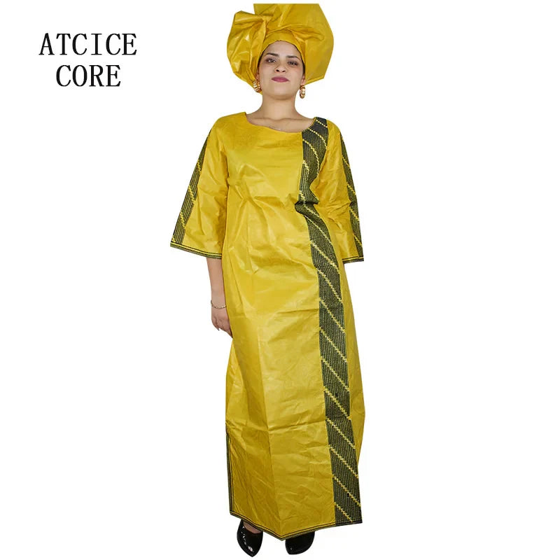 African Bazin Riche Embroidery  For Women Long Dress With Scarf