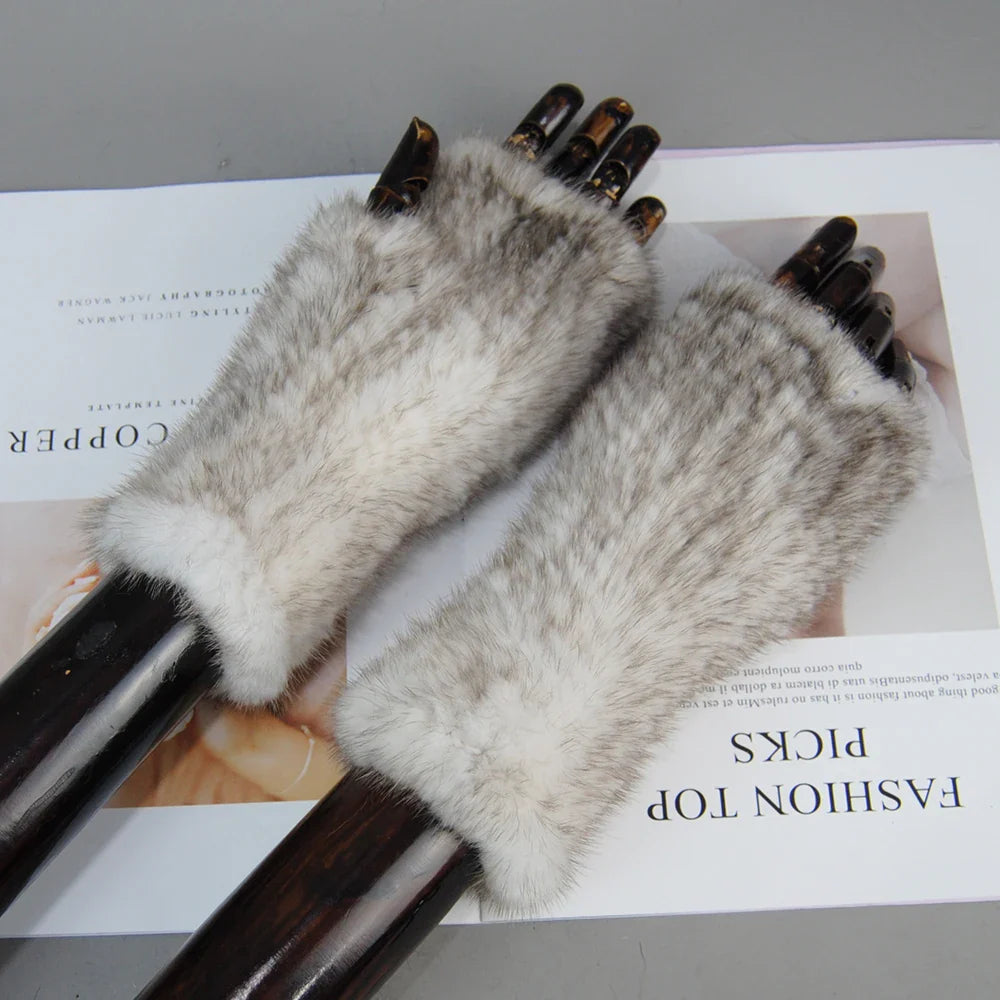 2025 New Brand Style Top Quality Women's 100% Winter Warm Real Mink Fur Knitted Half Finger Gloves Girls Typing Mittens