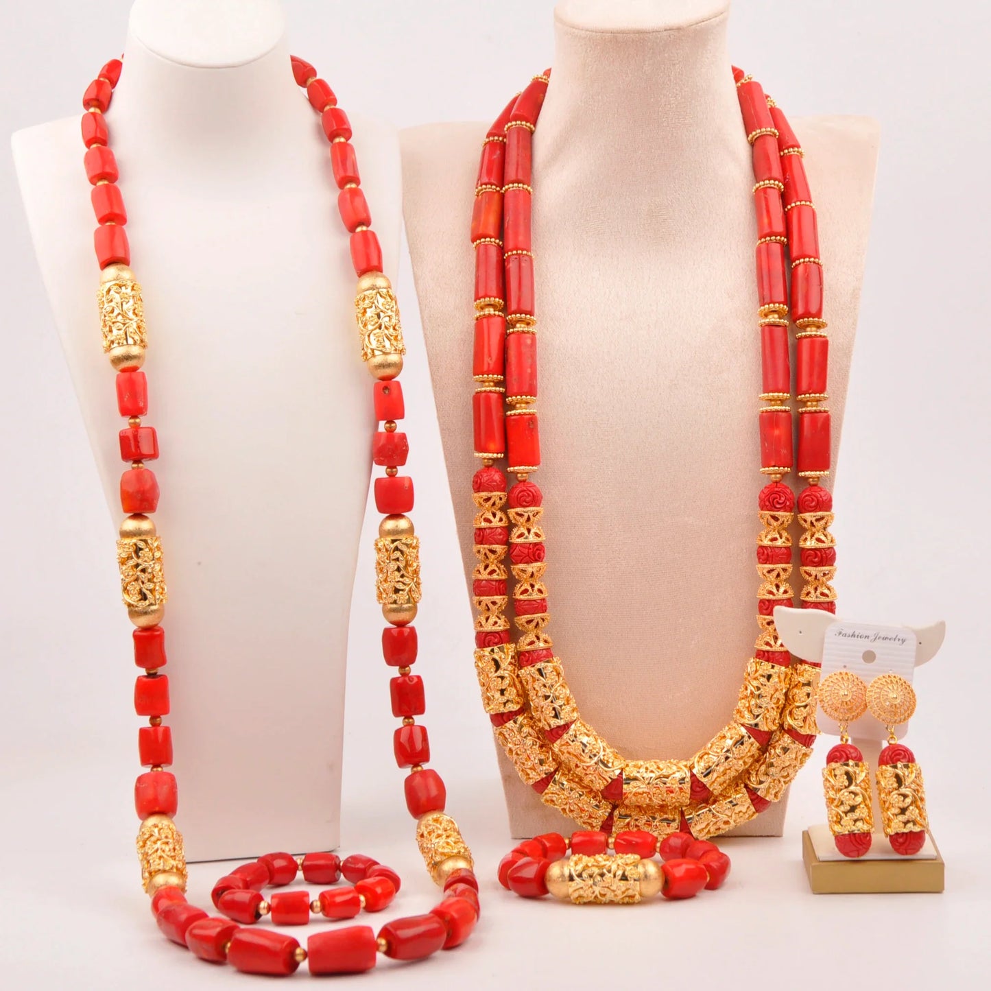 Natural coral beads orange necklace set for stylish Nigerian wedding couple African jewelry