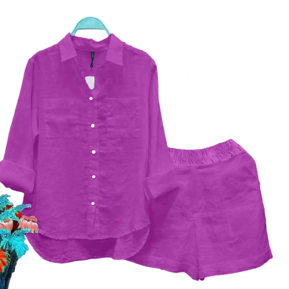 2 Pcs/Set Women Shirt Shorts Set Loose Long Sleeves Solid Color Elastic Waist Irregular Hem Lapel Female Spring Autumn Outfit