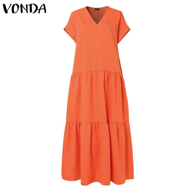 Plus Size Women Bohemian Dress Summer Sundress Solid Color Casual Short Sleeve Party