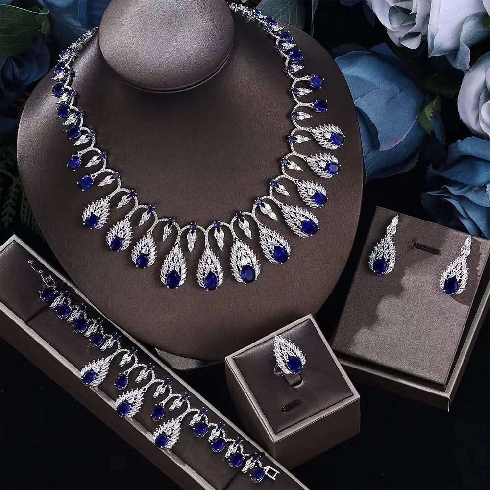 2024 Clever Dubai Water Drop 4-piece Necklace and Earring Set with Cubic Zirconia Jewelry for Women's Wedding Party Gifts
