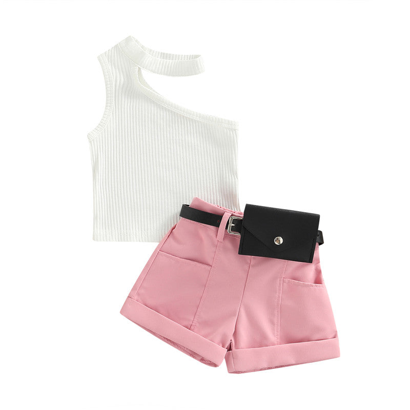 1-5 Years Infant Girl Casual Set Tanks Tops + Shorts + Waist Bag Pockets Decoration Casual Style Girls Summer Clothing Set