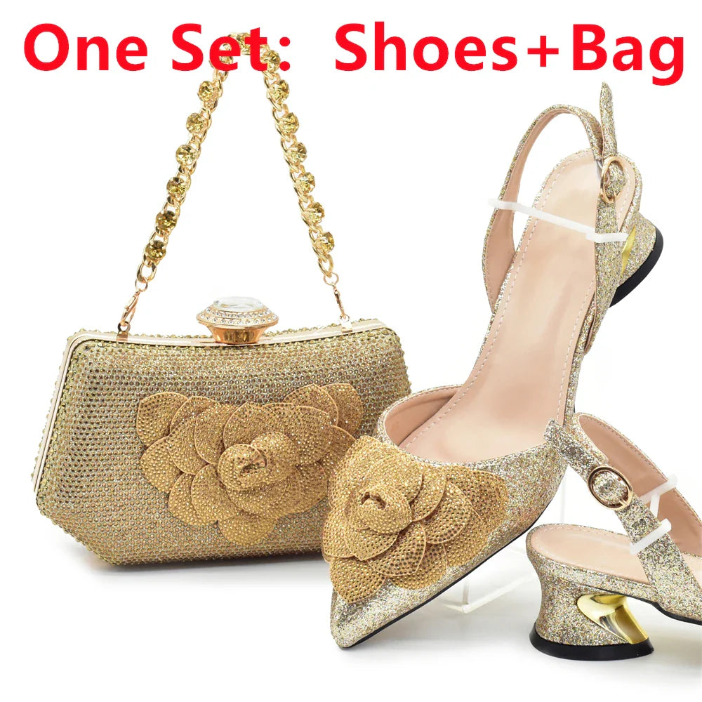 Women's Shoe and Bag Set Latest Luxury Italian Rhinstone Design for Wedding and Party