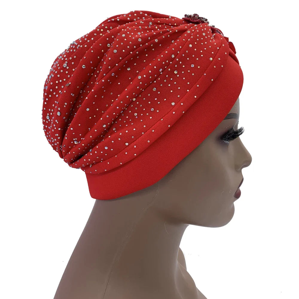 Elegant African Turban Cap with Shiny Rhinestone Ready to Wear Nigeria Auto Gele Headtie Party Women's Head Wrap Bonnet Turbante