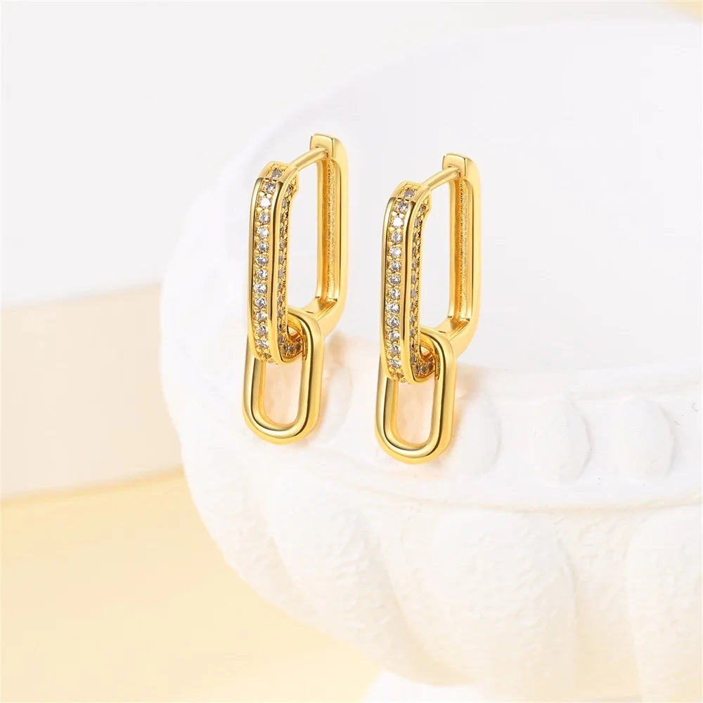 Elegant 925 Sterling Silver Double Square Buckle K Gold Set Pavé Earrings Women's Anniversary Party Jewelry Gift