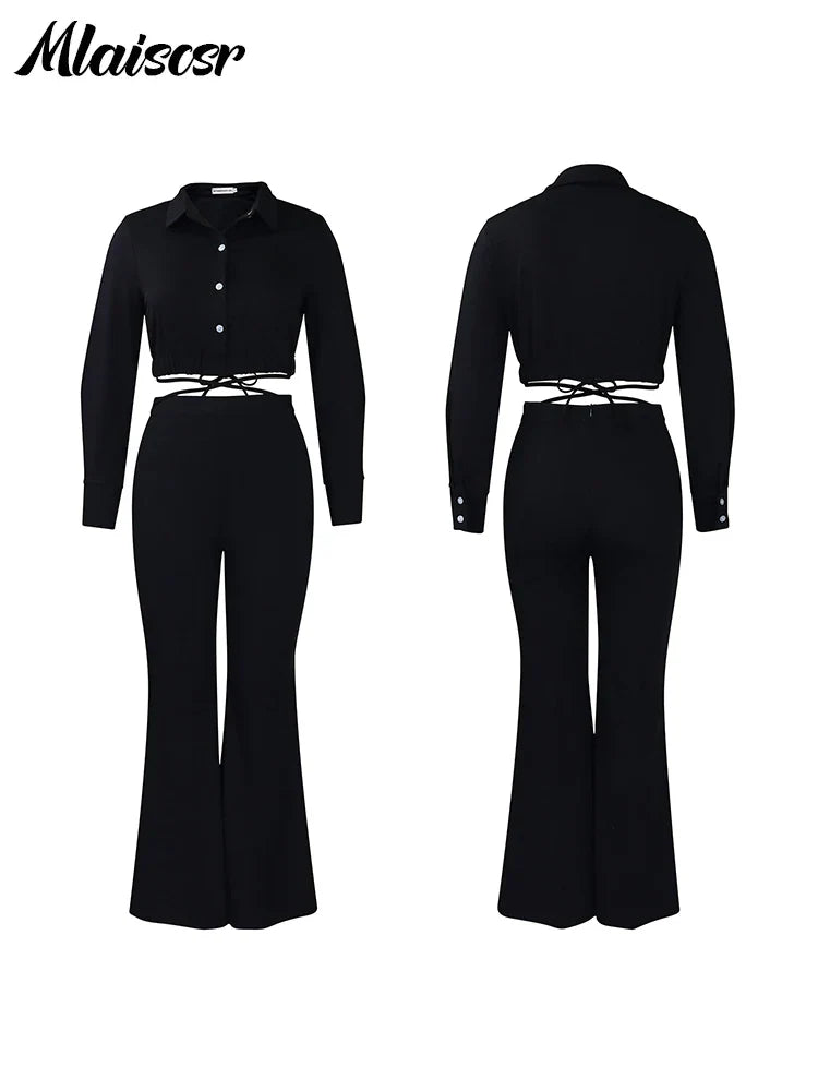 Mlaiscsr Fashion Two 2 Pieces Pants for Women’s Sets Elegant Crop Tops and Flared Trousers Matching Sportys Outfits Tracksuits