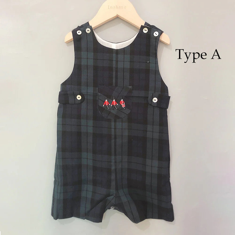 Children Boutique Clothing Set Baby Boy Clothes Soldier Embroidered Cotton Shirt British plaid Romper For 3seasons 0-5years