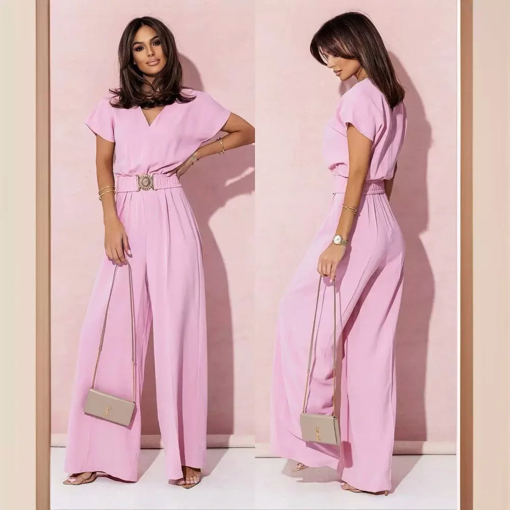 Fashion V-neck Short Sleeve High Waist Jumpsuit Women 2024 Summer Solid Wide Leg Elegant Romper Vintage Jumpsuits Overalls Women