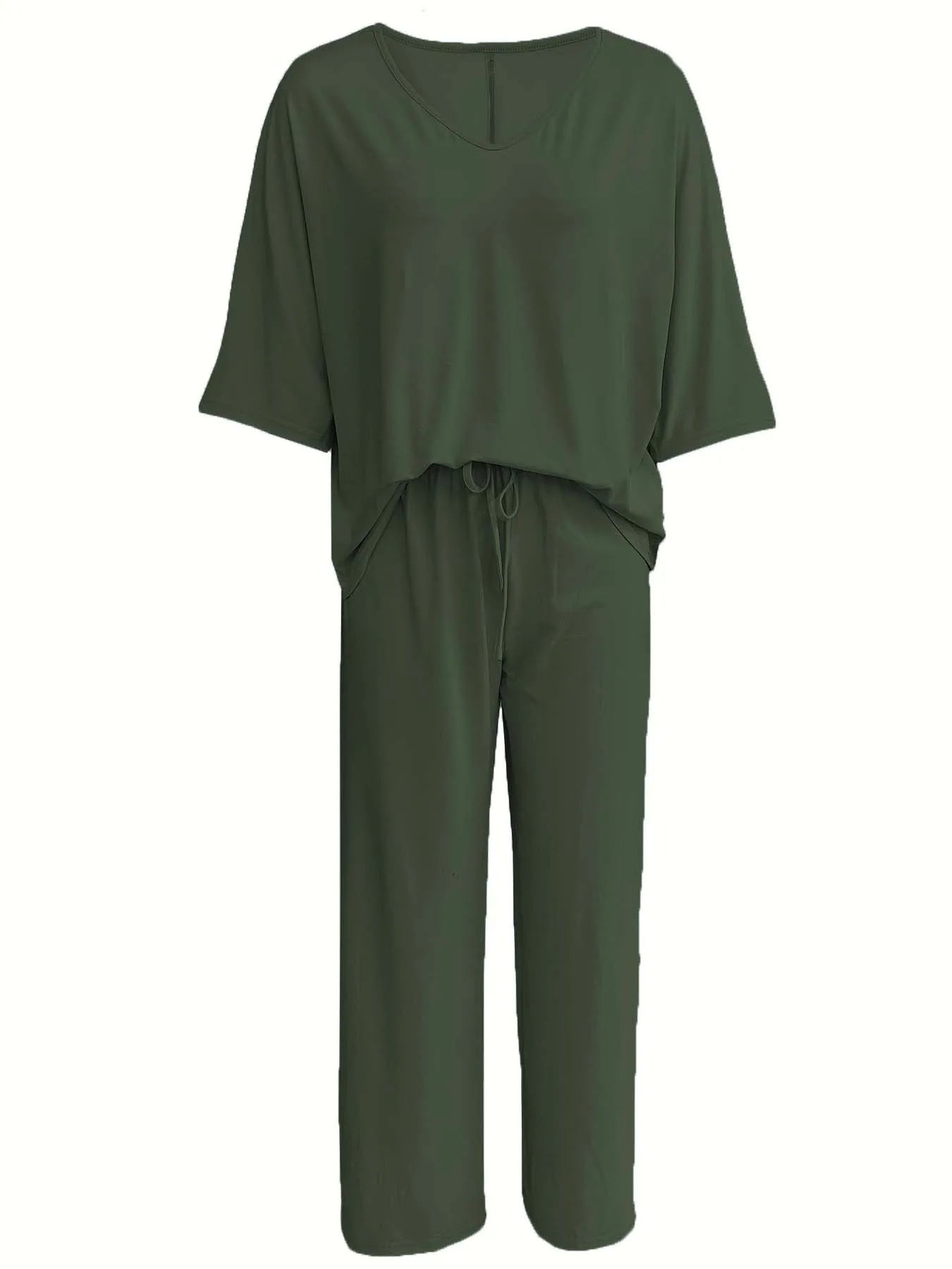 Cross border Europe and America 2025V collar bat sleeve casual loose wide leg pants set for women