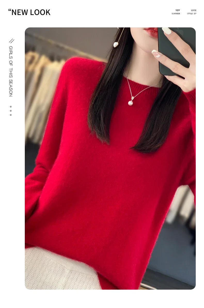 100% Merino Wool Women’s Sweater – Soft Cashmere-Feel O-Neck Pullover, Autumn/Winter Warm Knit Top (14 Colours)
