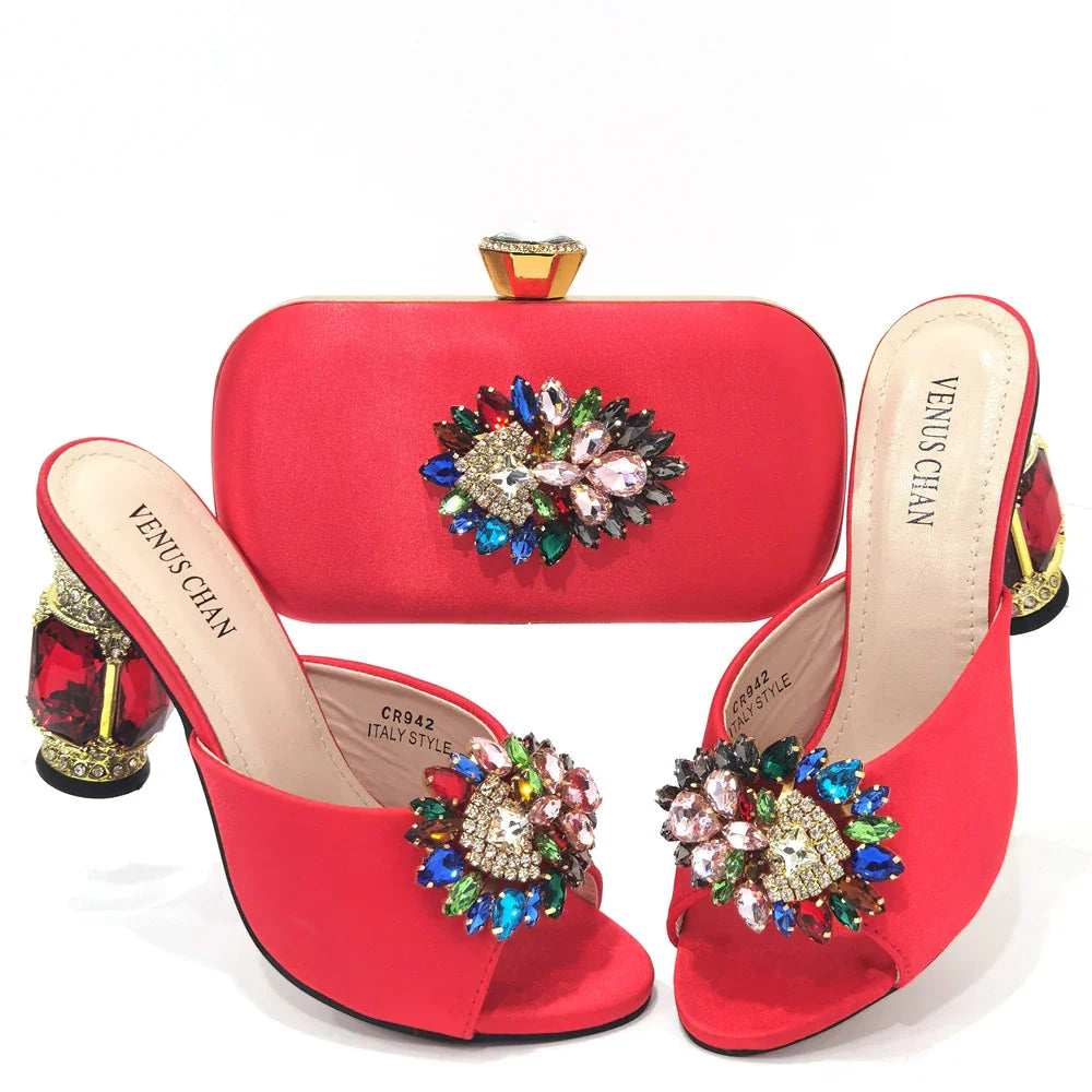 2022 Yellow Color Luxury Rhinestone Heel Fashion Party Women's High Heels Elegant Evening Sandals Wedding Bags and Shoes with