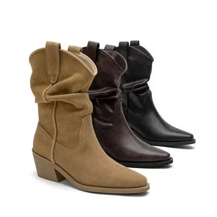 Women Chunky Heeled Western Boots Faux Suede Ankle Boots Woman Autumn Vintage Loose Tube Pleated Mid Calf Cowboy Botas Mujer