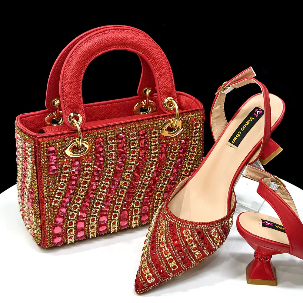 Women's Elegant Heels Rhinestone Handbag Set Italian Design for Weddings